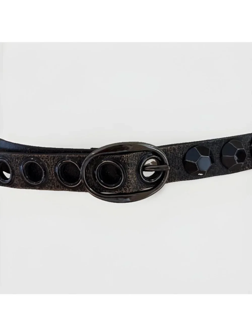 Y2K Betsey Johnson Studded Leather Belt Size M Black Embellished Grommets Edgy